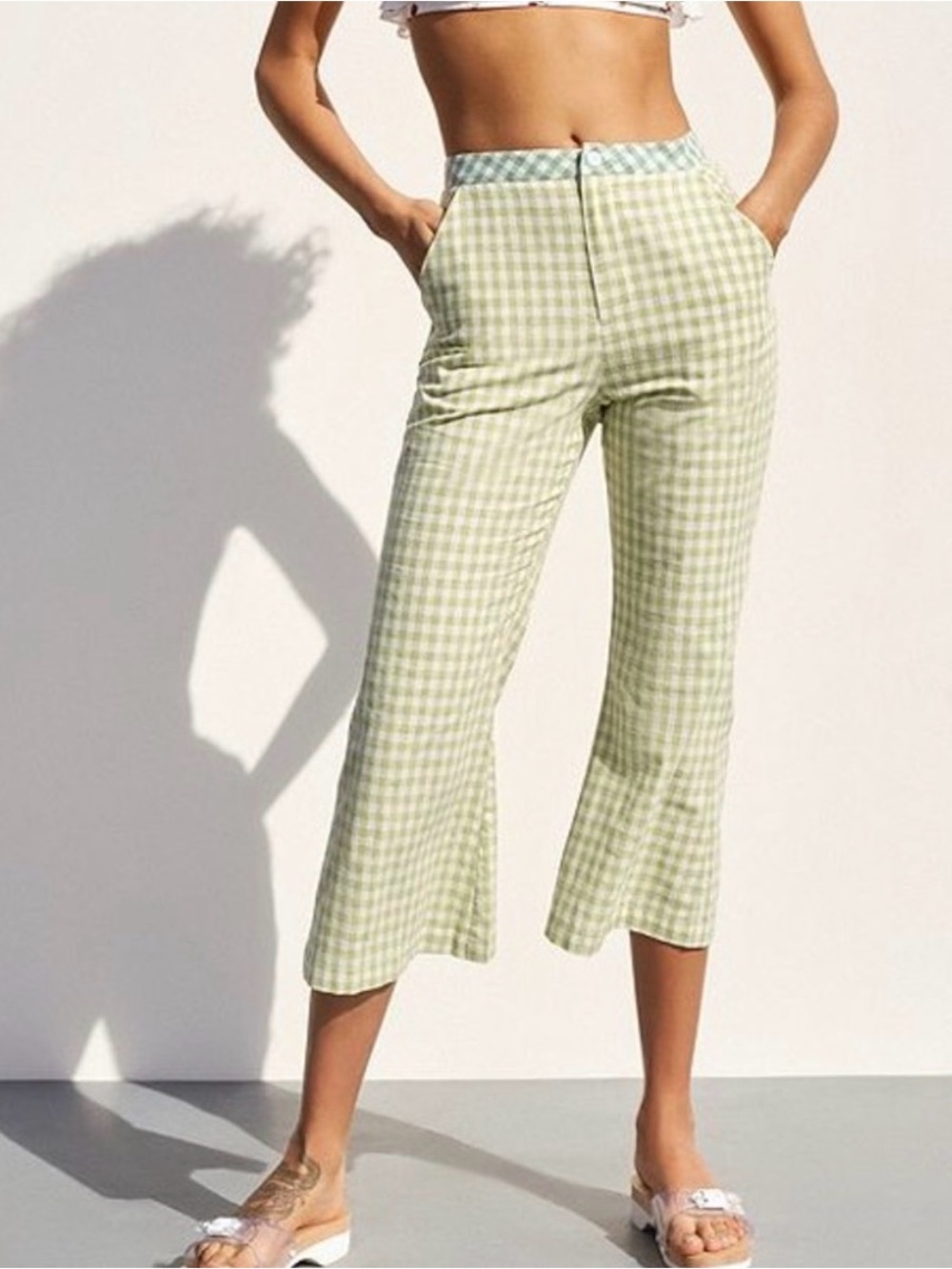 URBAN OUTFITTERS Green Gingham‎ HIGH-WAISTED Pockets CROPPED WIDE LEG Pants Sz S